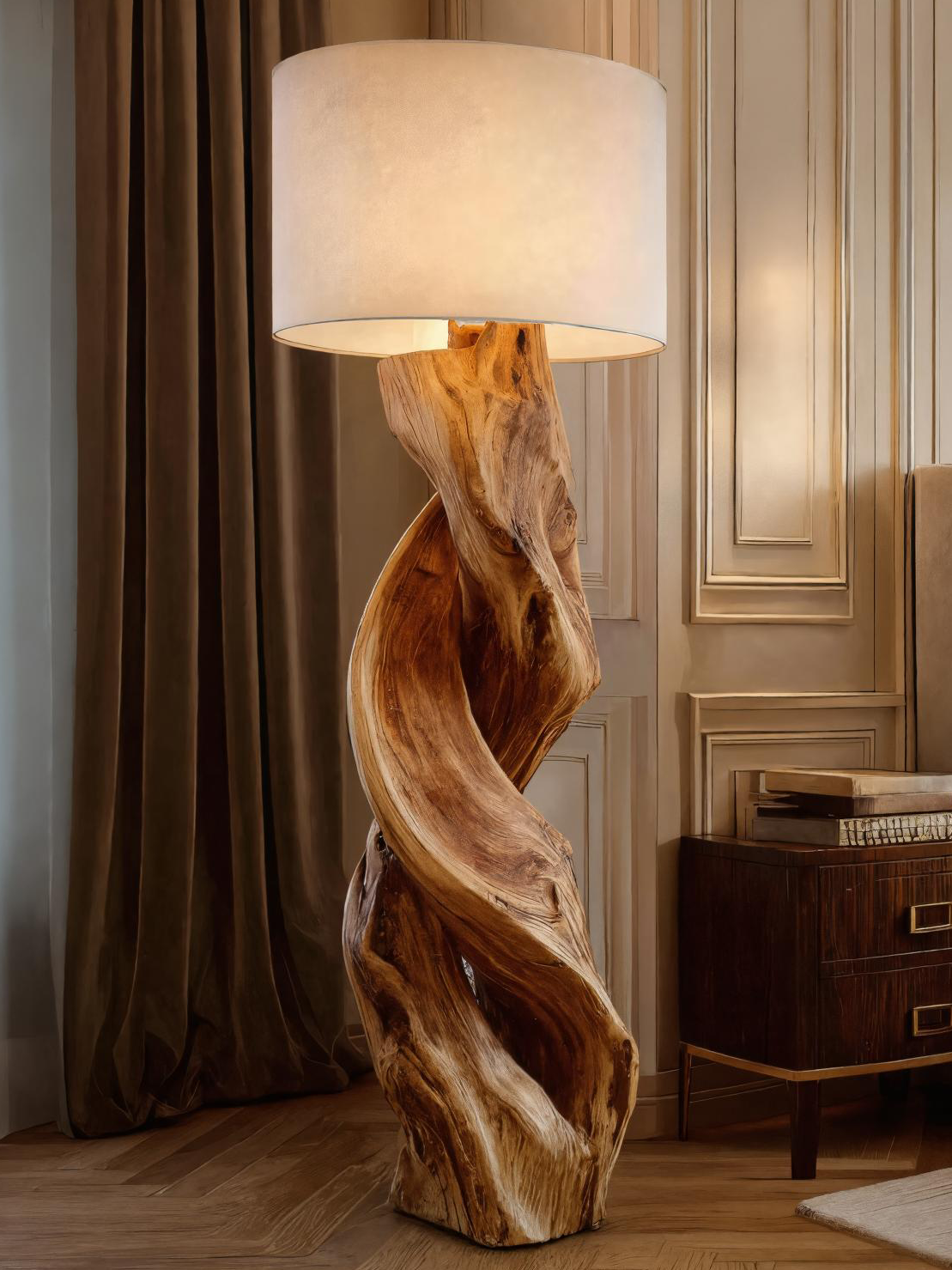 Rustic Sculptural Floor Lamp With Twisted Base For Bedroom