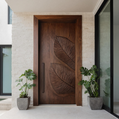Carved Door With Tropical Leaf Design For Entryway