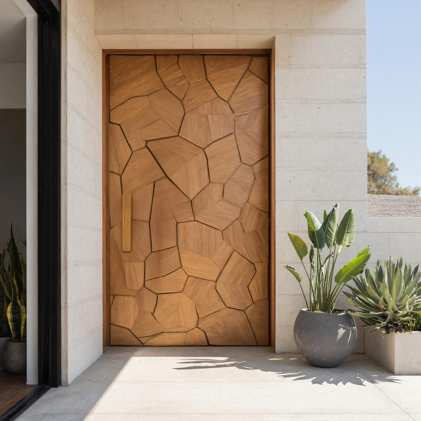 Carved Door With Geometric Polygon Pattern For Entryway