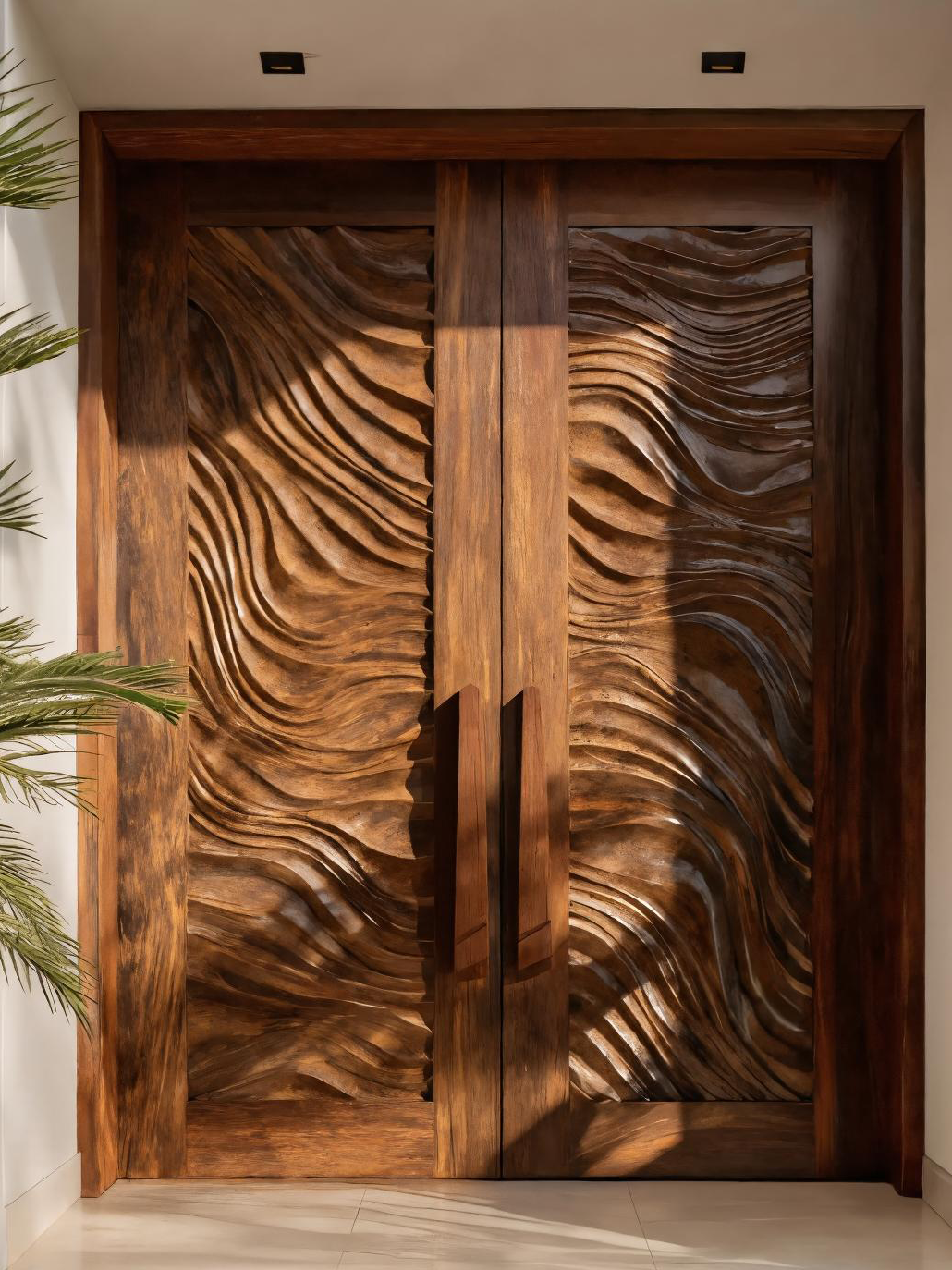 Sculptural Double Front Door With Wave Pattern For Entryway