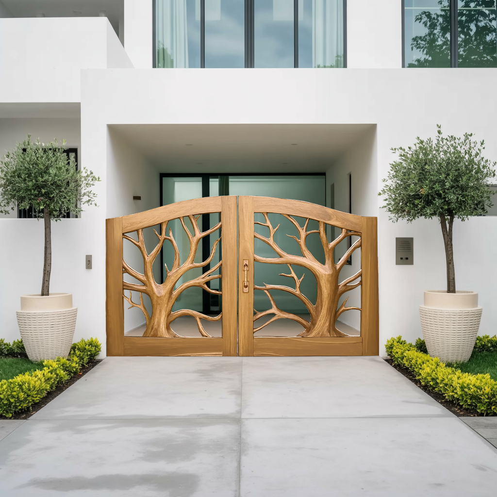 Rustic Tree Carved Entrance Gate For Garden Driveway