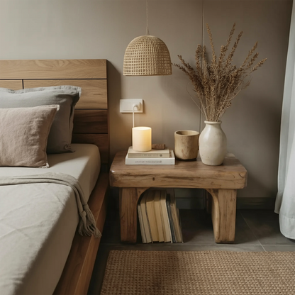 Rustic Nightstand Low Bedside Table With Shelf For Bedroom And Meditation