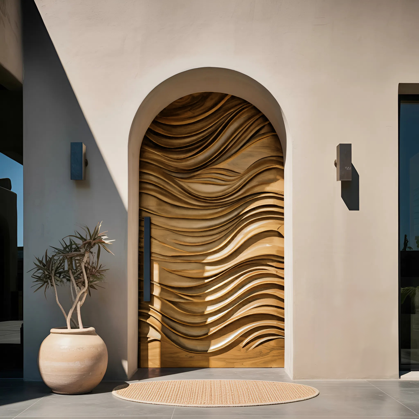 Artistic Arched Front Door With Wavy Sculpted Design For Villa