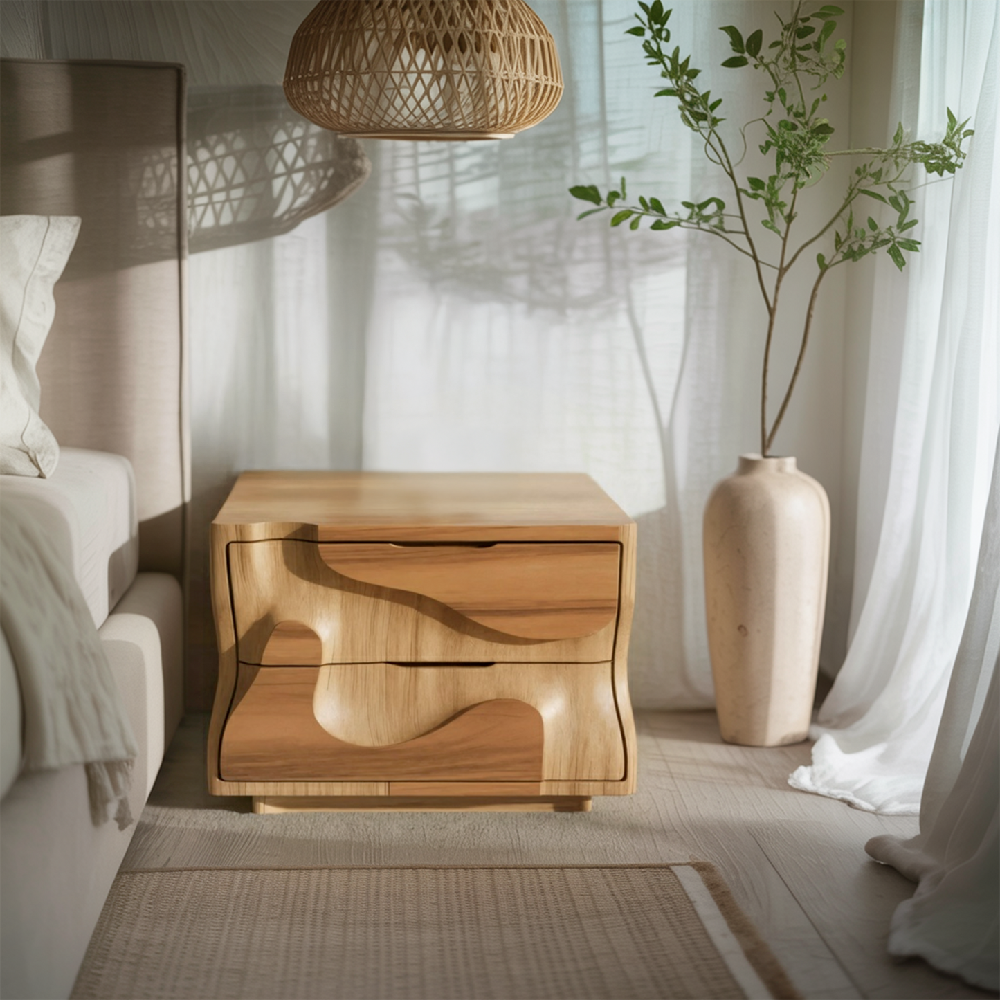 Modern Wavy Nightstand with Carved Drawer Cabinet For Bedroom And Living Room