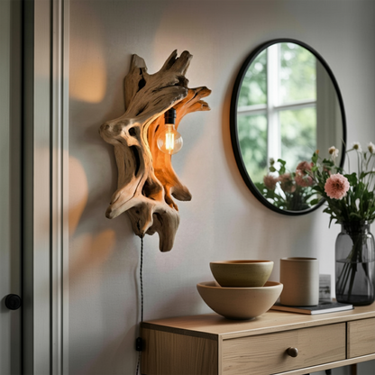 Driftwood Wall Lamp With Carved Form For Rustic Modern Living Room