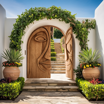 Artistic Face Carved Entry Door For Villa Entrance