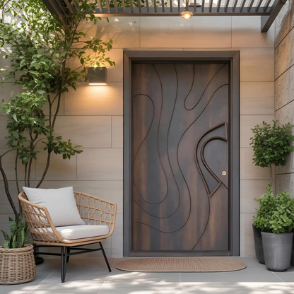 Modern Sculpted Door With Abstract Carving For Entryway And Contemporary Exterior