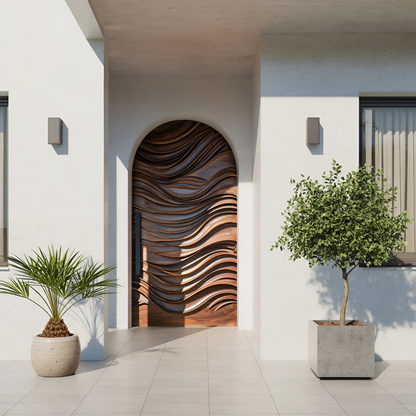 Artistic Arched Front Door With Wavy Sculpted Design For Villa