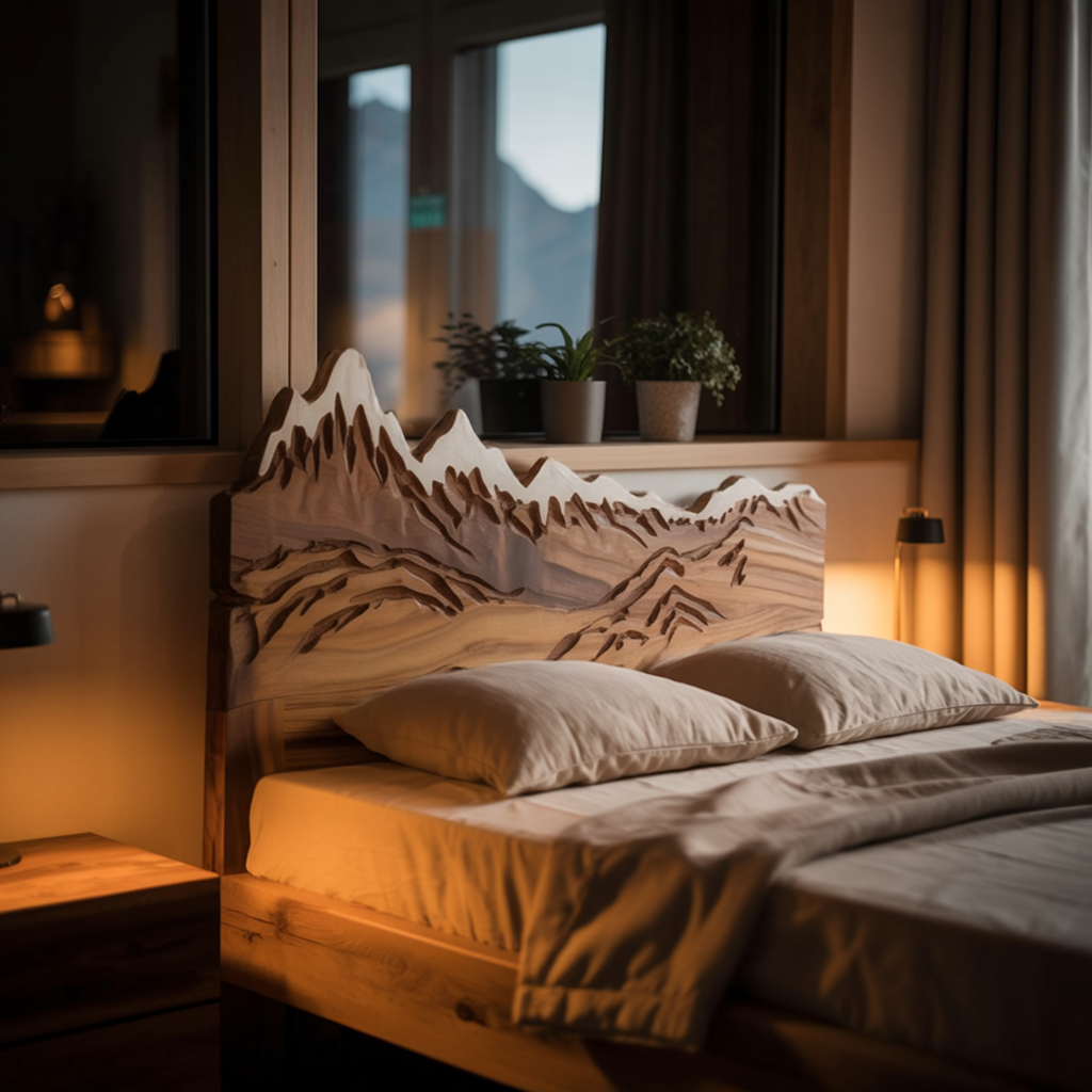 Rustic Style Mountain Carved Headboard Wall Art Bedroom