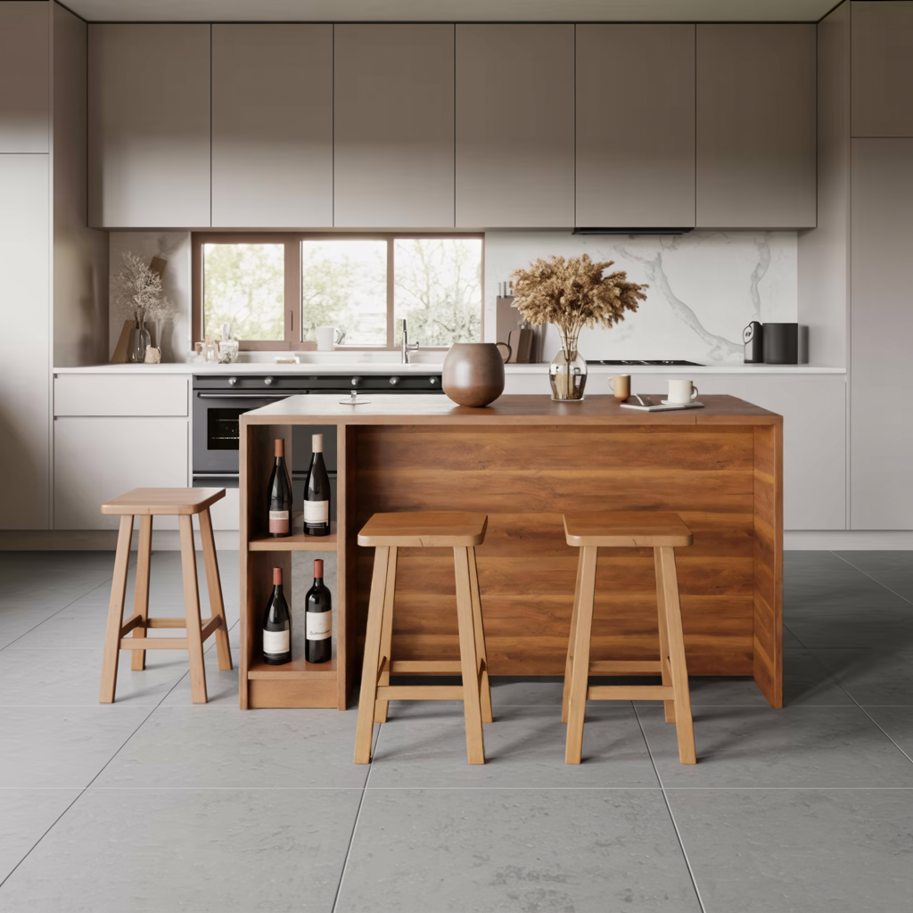 Contemporary Warm Wood Bar Table With Storage For Kitchen Or Breakfast Nook