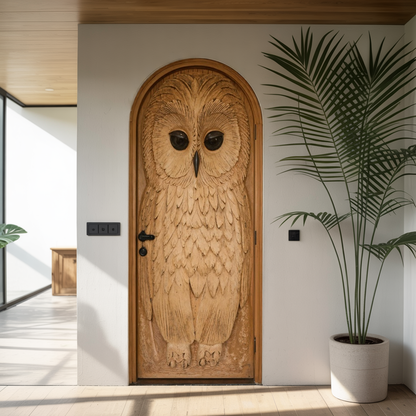 Whimsical Owl Carved Entry Door For Home Garden