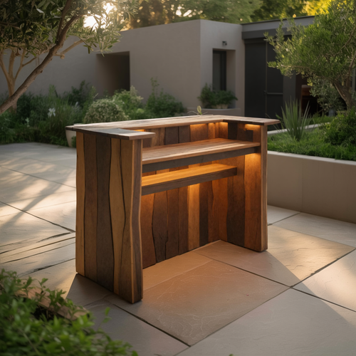 Rustic Live Edge Bar Counter With Lighting For Patio