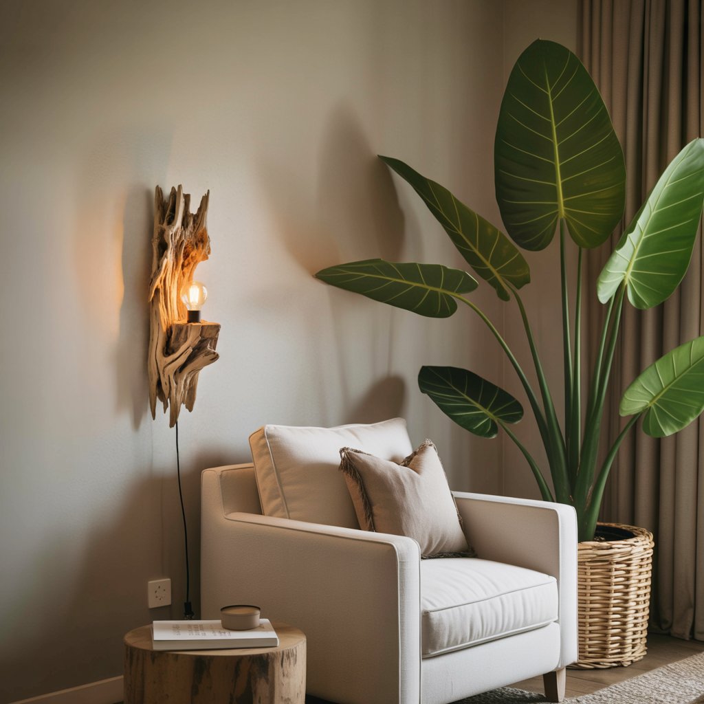 Rustic Driftwood Wall Lamp With Sculpted Form For Bedroom Or Living Room