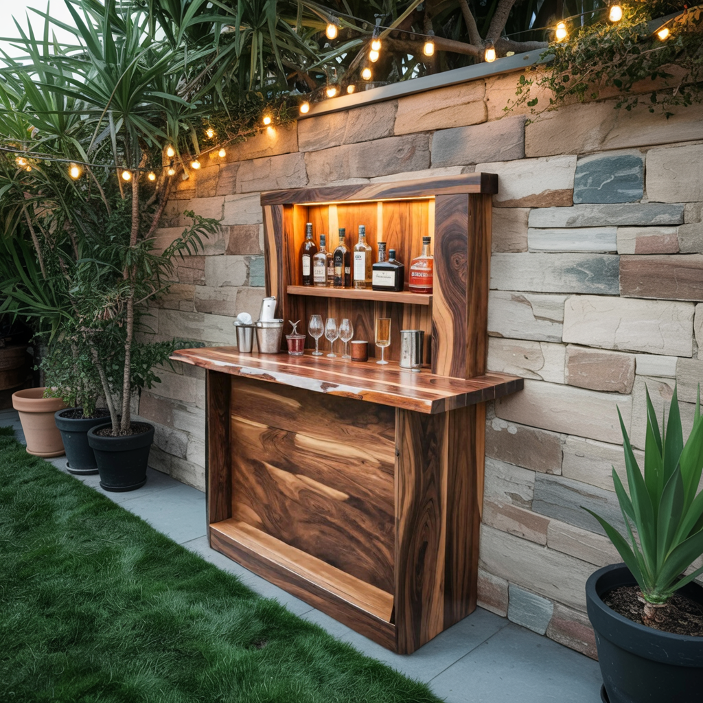 Live Edge Wall Mounted Outdoor Bar With Shelf And Lights For Patio Or Garden