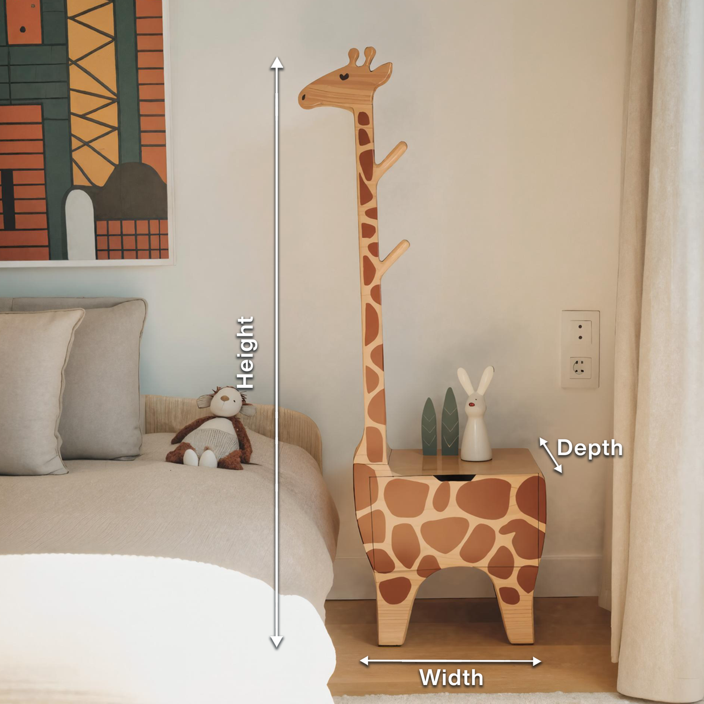 Adorable Giraffe Nightstand With Hooks And Drawer For Kids Room And Nursery
