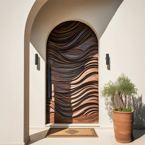 Artistic Arched Front Door With Wavy Sculpted Design For Villa