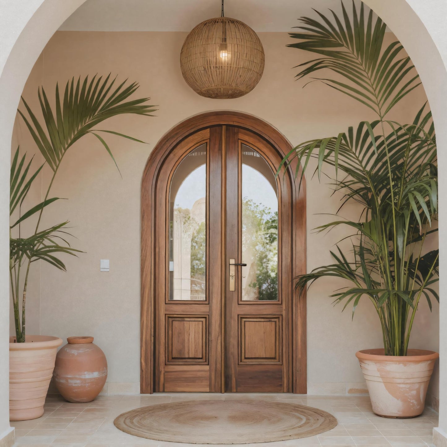 Arched Double Entry Door With Glass Panels For Mediterranean And Spanish Homes