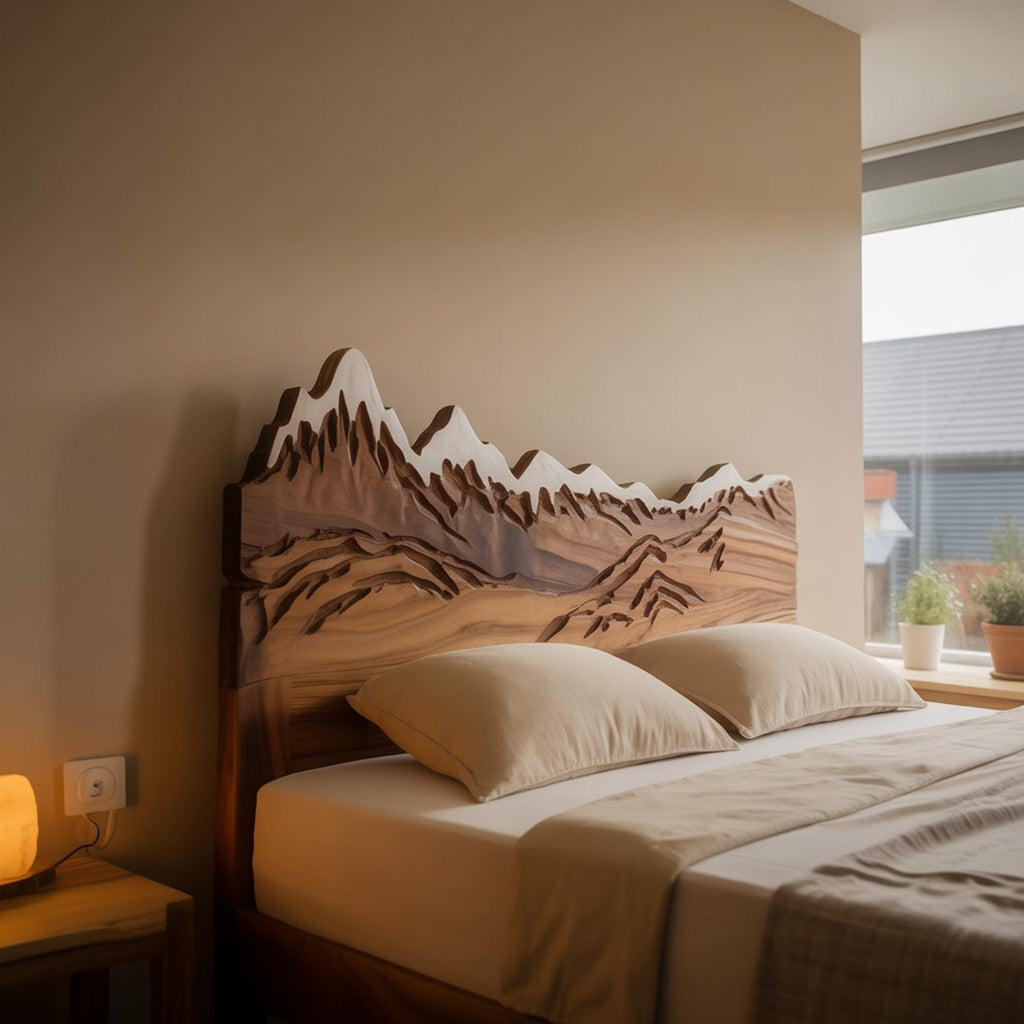 Rustic Style Mountain Carved Headboard Wall Art Bedroom