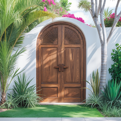 Mediterranean Arched Entry Door With Carved Sunburst For Garden And Villa