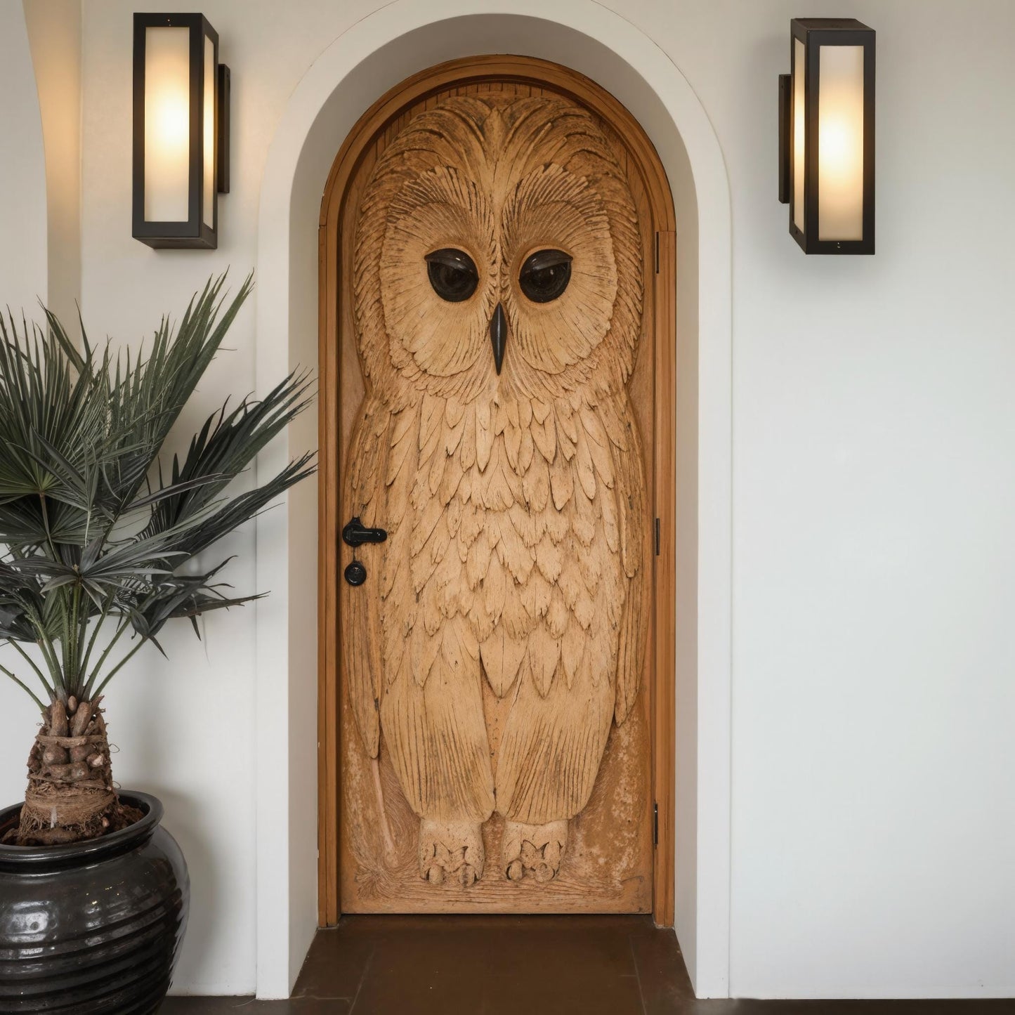 Whimsical Owl Carved Entry Door For Home Garden