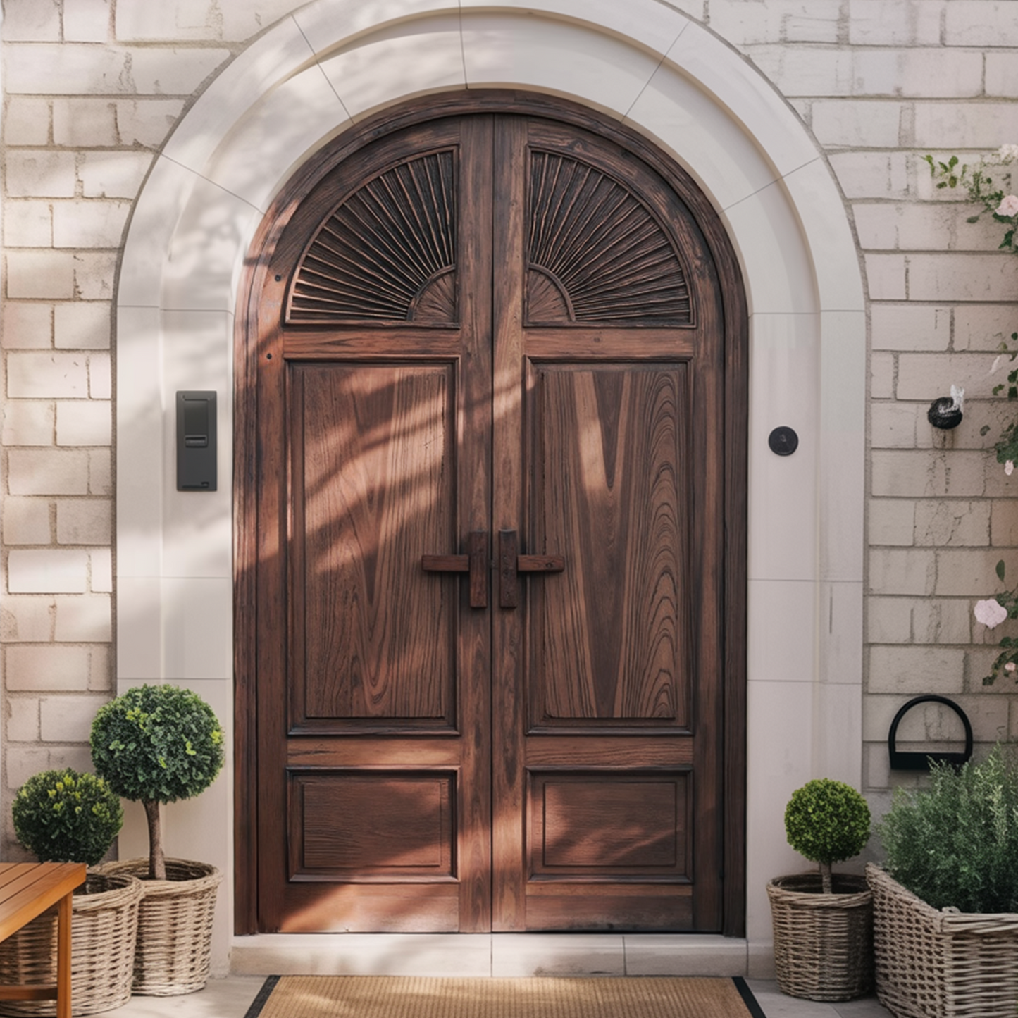 Mediterranean Arched Entry Door With Carved Sunburst For Garden And Villa