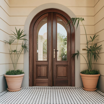 Arched Double Entry Door With Glass Panels For Mediterranean And Spanish Homes