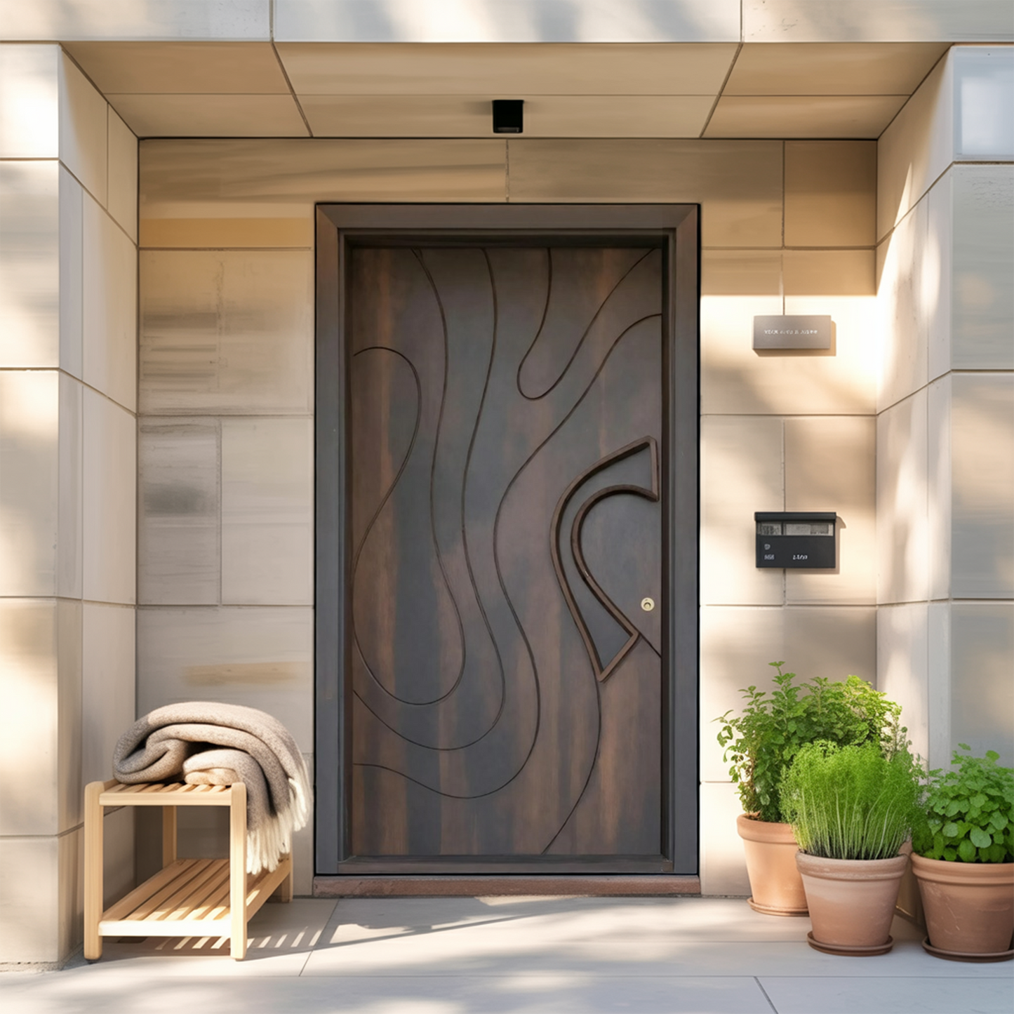Modern Sculpted Door With Abstract Carving For Entryway And Contemporary Exterior