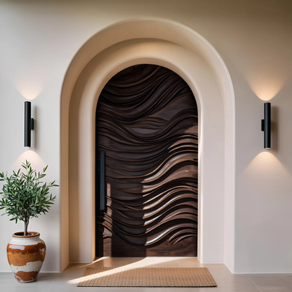 Artistic Arched Front Door With Wavy Sculpted Design For Villa