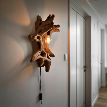 Driftwood Wall Lamp With Carved Form For Rustic Modern Living Room